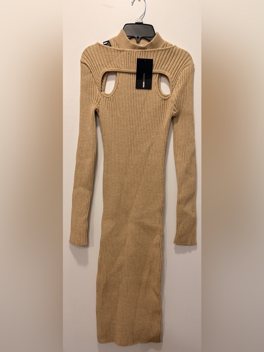 Fashion Nova Tan Off-Shoulder Ribbed Sweater Dress